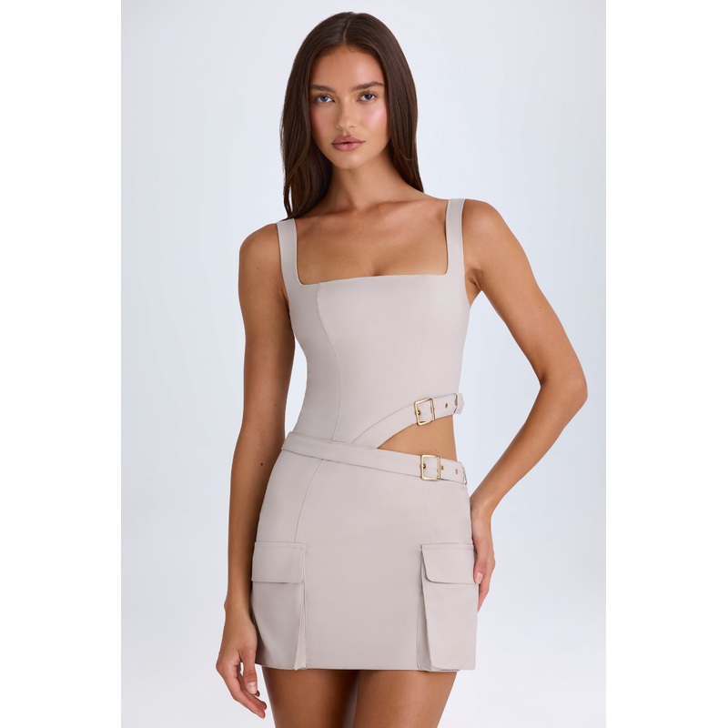 Belted Cut-Out Mini Dress in Taupe