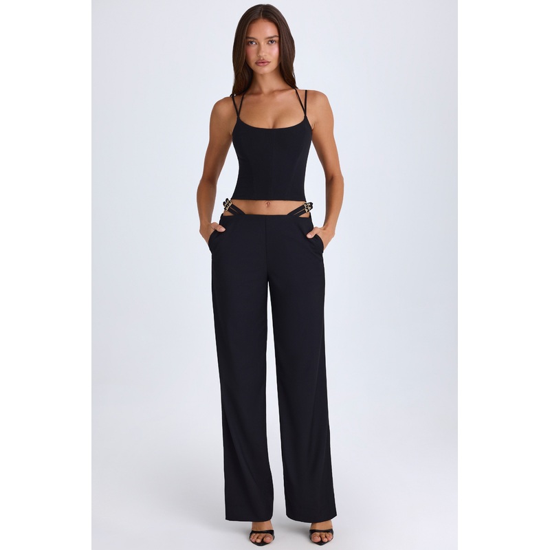 Belted Cut-Out Wide-Leg Trousers in Black