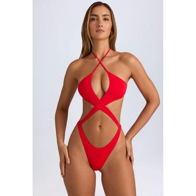 Cut-Out Halterneck Swimsuit in Fiery Red