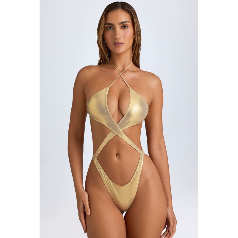 Cut-Out Halterneck Swimsuit in Metallic Gold