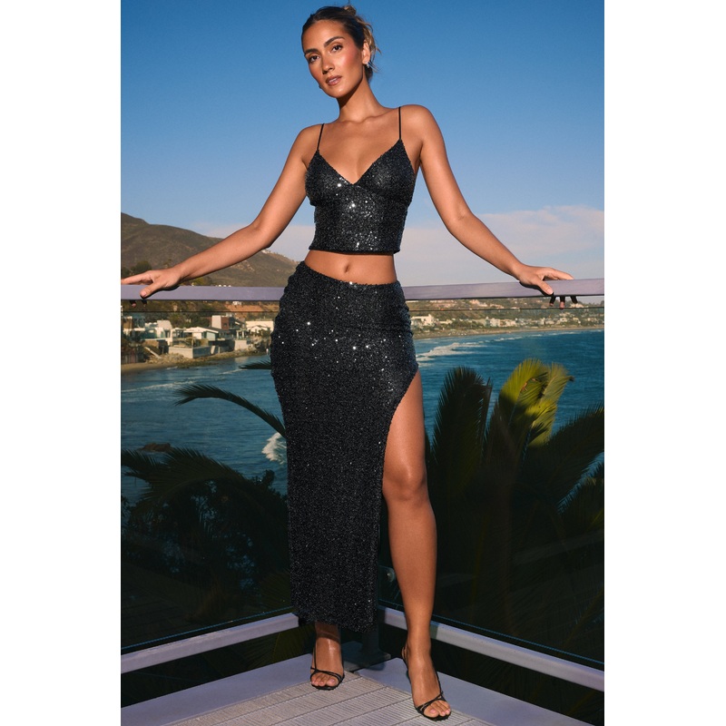 Embellished Low-Rise Maxi Skirt in Black