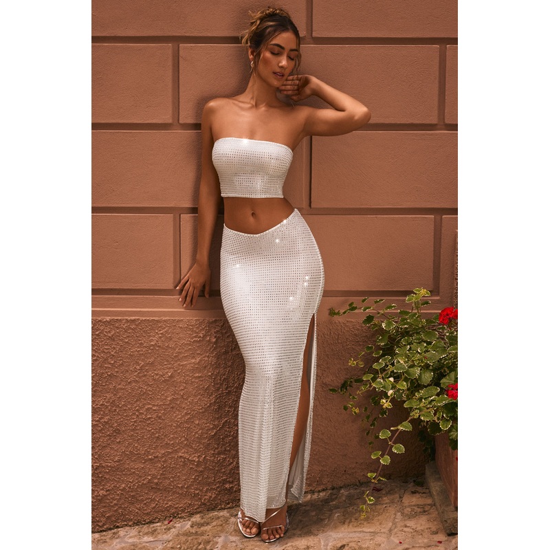 Embellished V-Waist Maxi Skirt in White