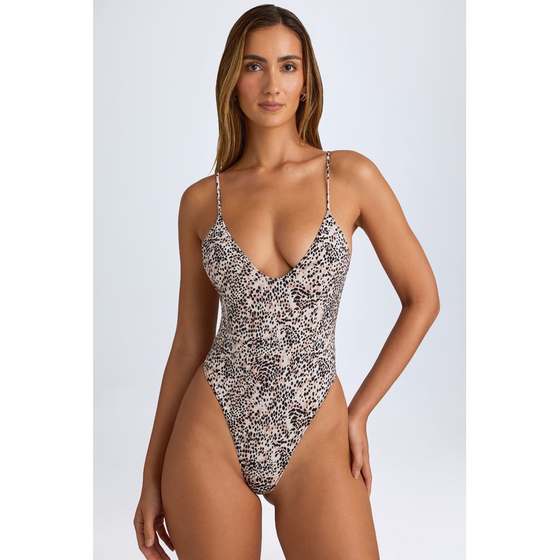 Plunge-Neck Swimsuit in Cheetah Print