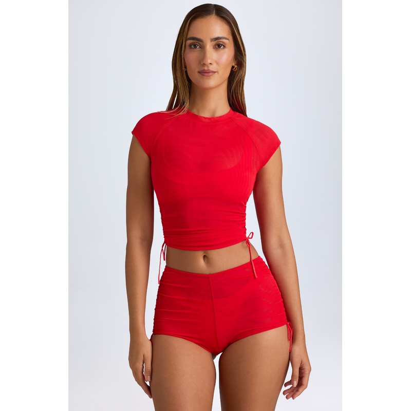 Sheer Ruched Cropped T-Shirt in Fiery Red