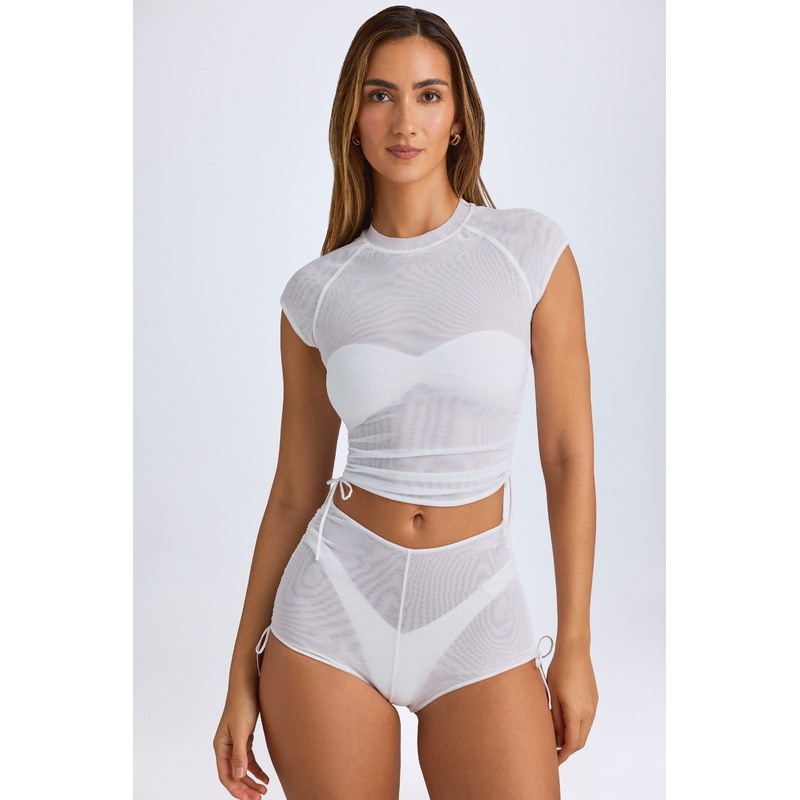 Sheer Ruched Cropped T-Shirt in White