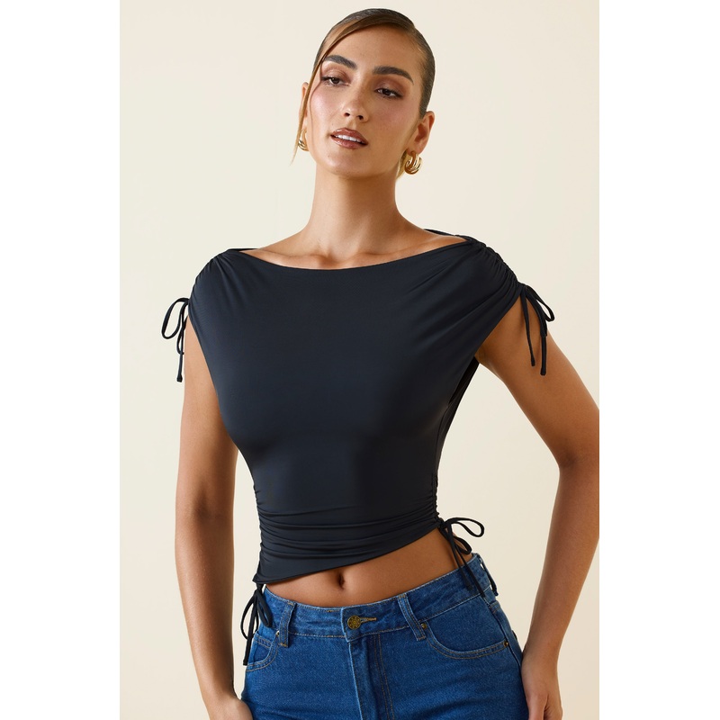 Asymmetric Ruched Cowl-Back Crop Top in Black