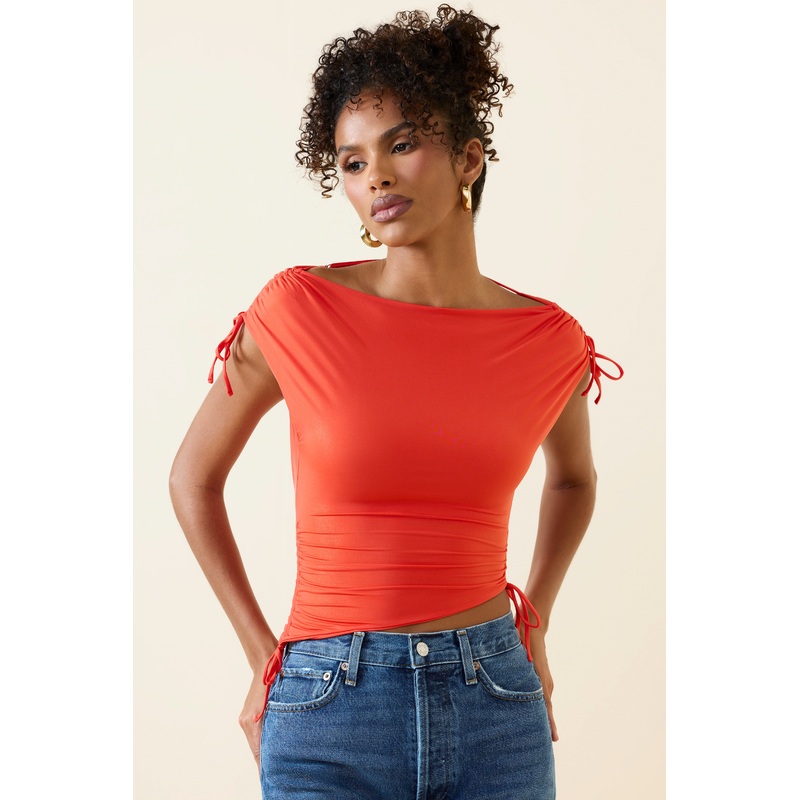 Asymmetric Ruched Cowl-Back Crop Top in Scarlet