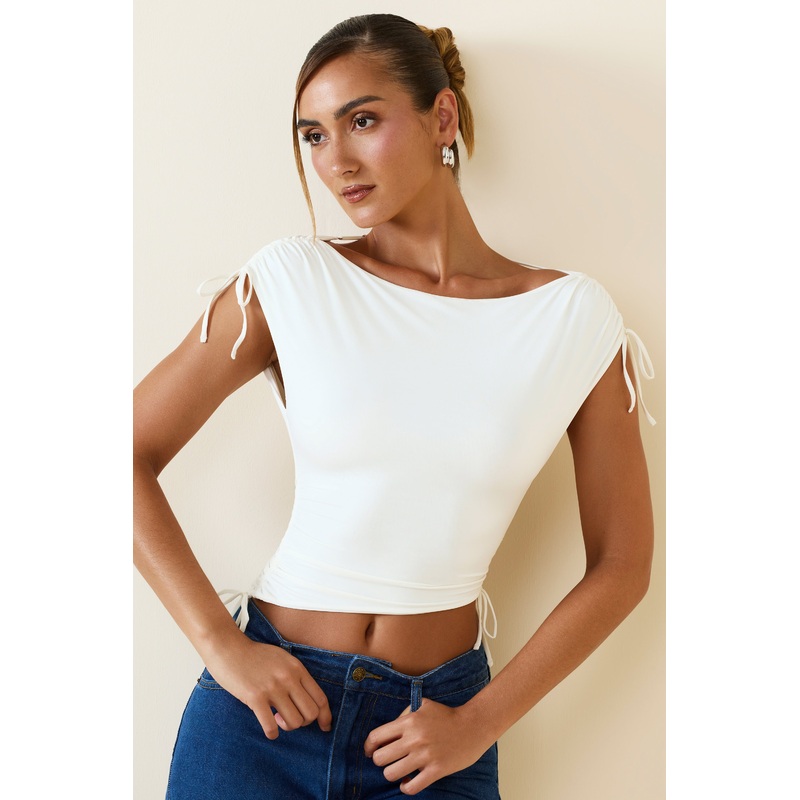 Asymmetric Ruched Cowl-Back Crop Top in Vanilla
