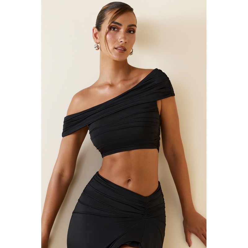 Asymmetric Ruched Off-Shoulder Crop Top in Black