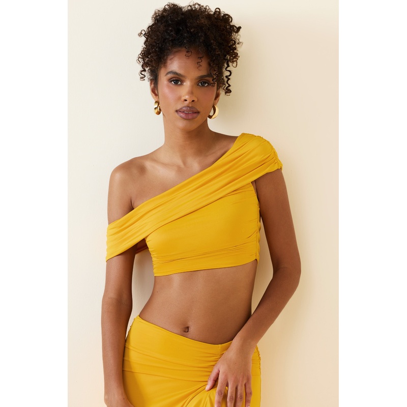 Asymmetric Ruched Off-Shoulder Crop Top in Golden Yellow