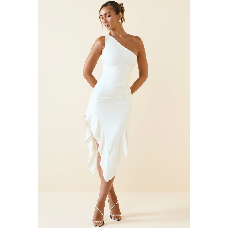 Asymmetric Ruched One-Shoulder Midaxi Dress in Vanilla
