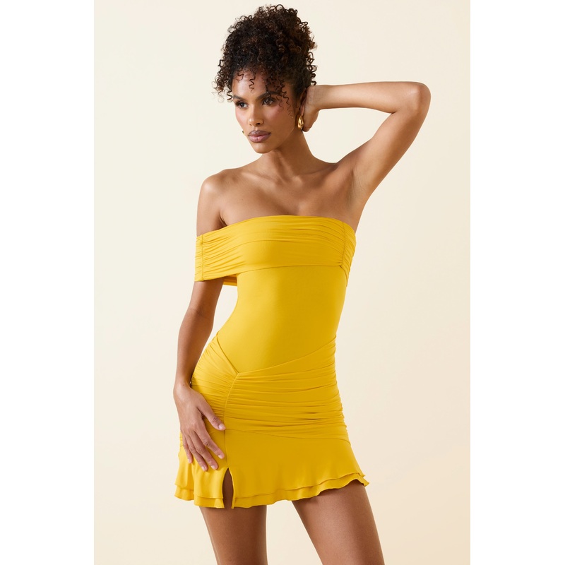 Asymmetric Ruched One-Shoulder Mini Dress in Golden Yellow