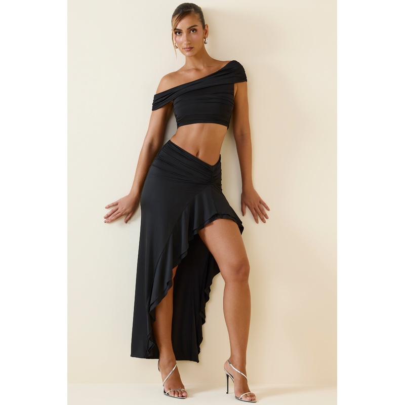 Asymmetric Ruffled Low-Rise Maxi Skirt in Black