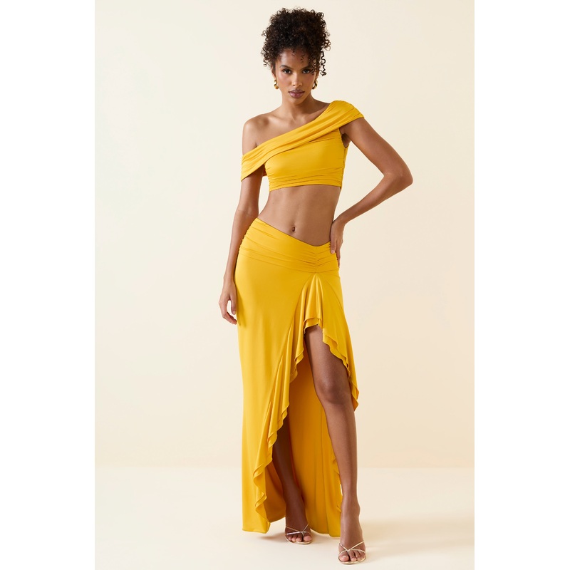 Asymmetric Ruffled Low-Rise Maxi Skirt in Golden Yellow