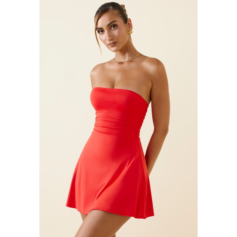 Bandeau Ruched A-Line Mini Dress in Scarlet