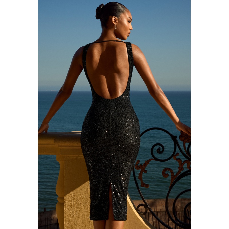 Embellished Open-Back Midaxi Dress in Black