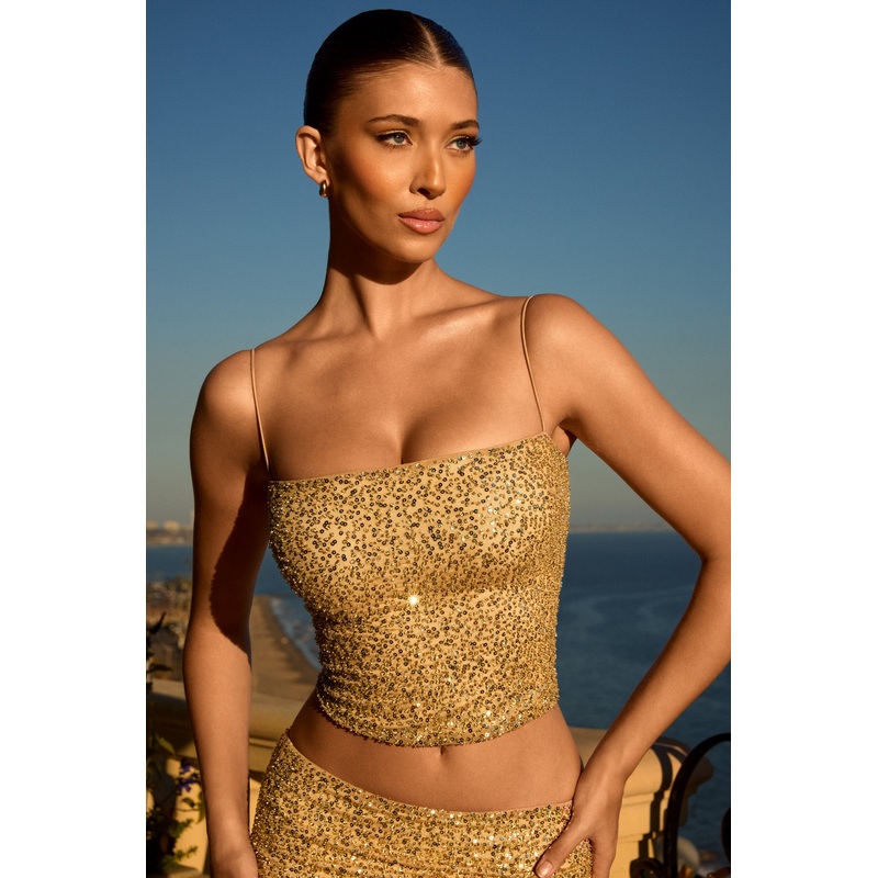 Embellished Square-Neck Top in Gold