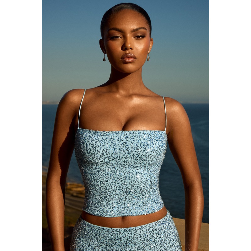 Embellished Square-Neck Top in Light Blue