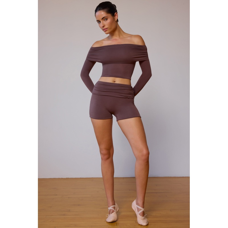 Fold-Over Mini Shorts in Taupe Brown