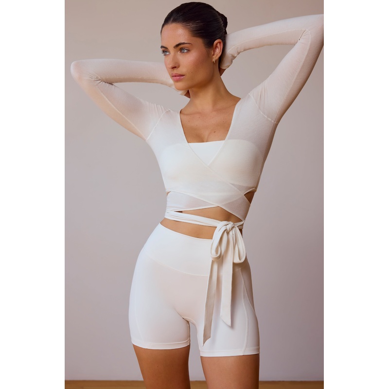 Long-Sleeve Wrap Crop Top in Soft White
