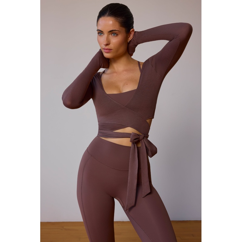 Long-Sleeve Wrap Crop Top in Taupe Brown