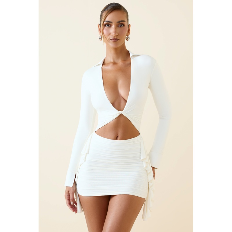 Ruched Cut-Out Mini Shirt Dress in Vanilla