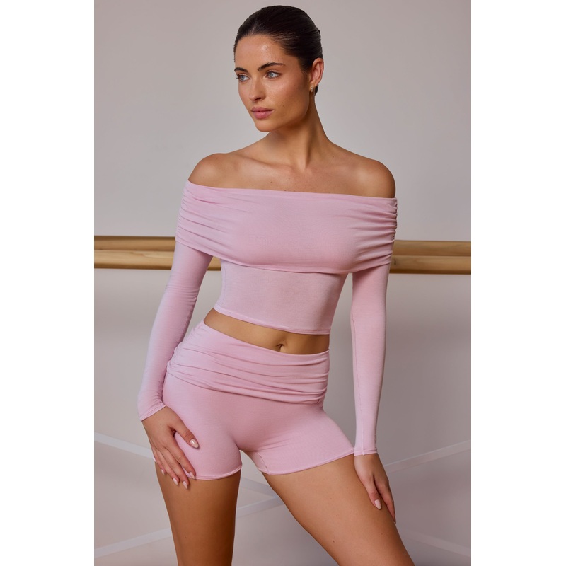Sheer Off-Shoulder Long-Sleeve Top in Soft Pink