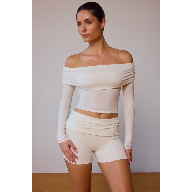Sheer Off-Shoulder Long-Sleeve Top in Soft White