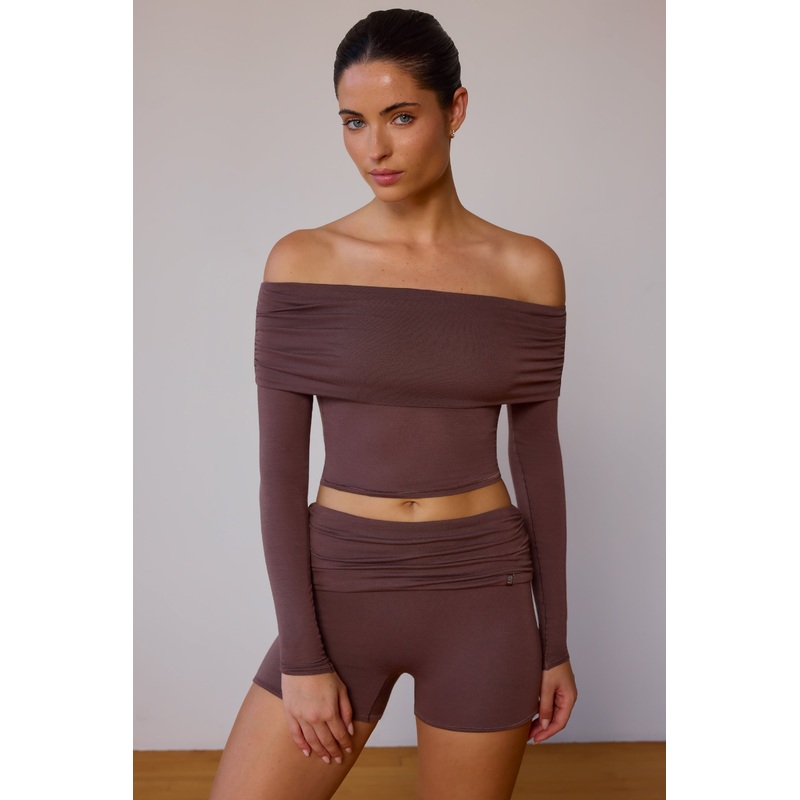 Sheer Off-Shoulder Long-Sleeve Top in Taupe Brown