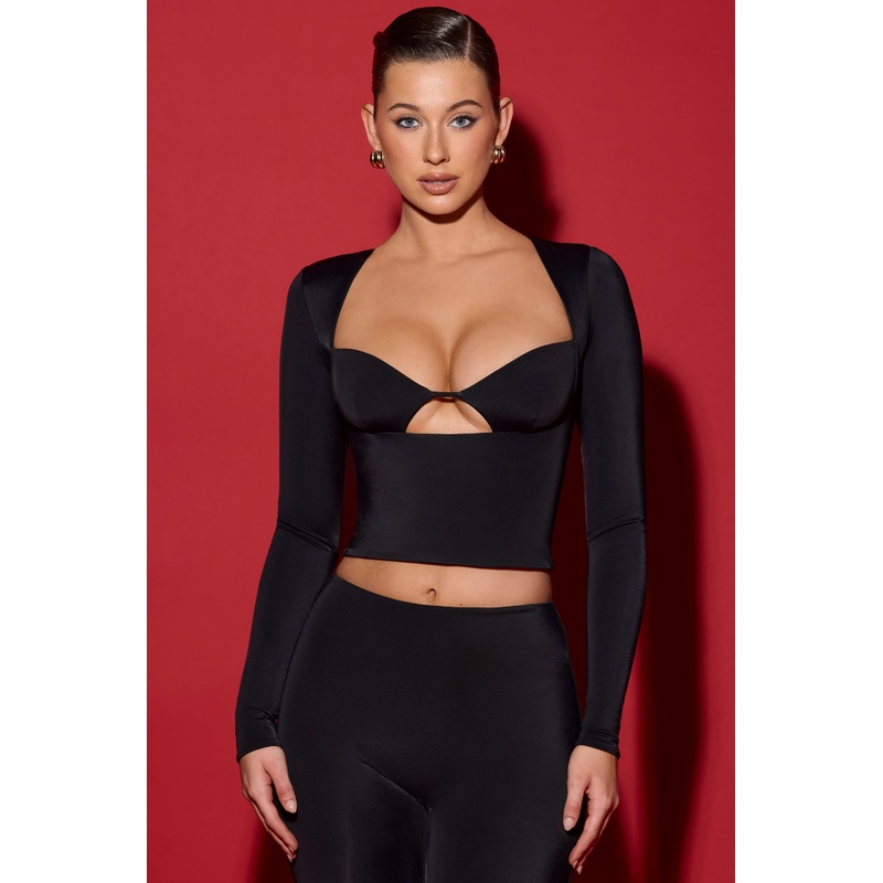 Cut-Out Long-Sleeve Top in Black