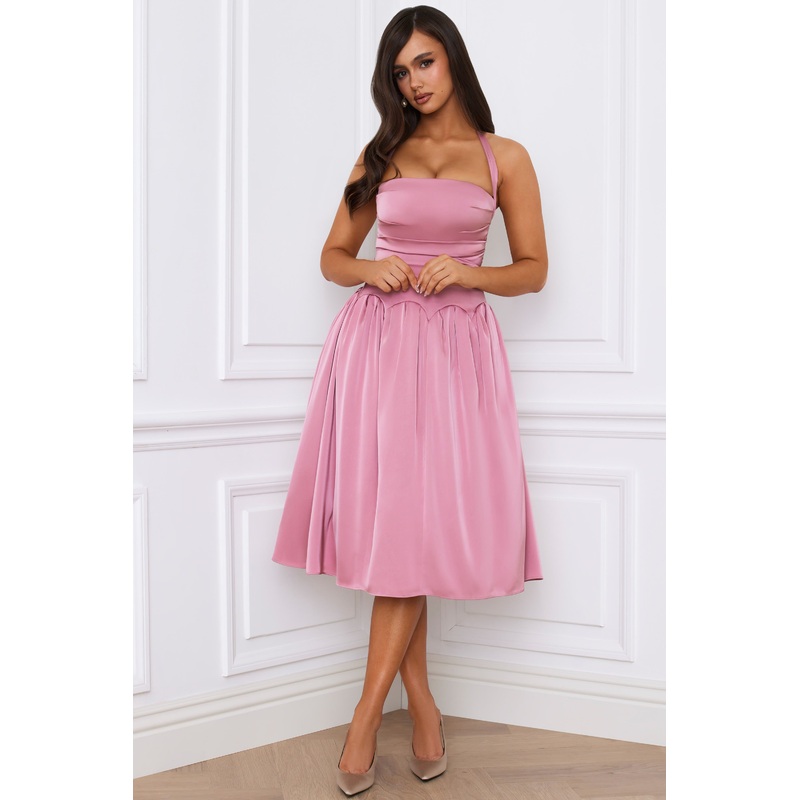 Halterneck Lace-Up Ruched Corset Midi Dress in Mauve