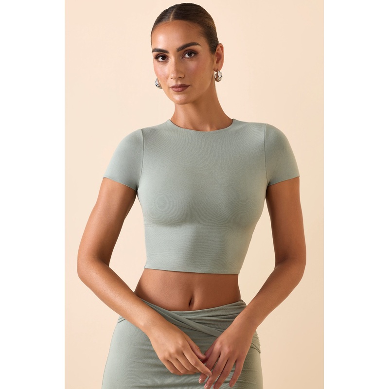 Modal Cap-Sleeve Crop Top in Smoke Green