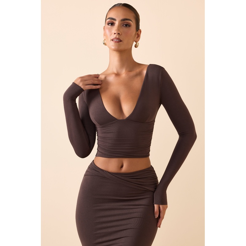 Modal Plunge Long-Sleeve Top in Chocolate Brown