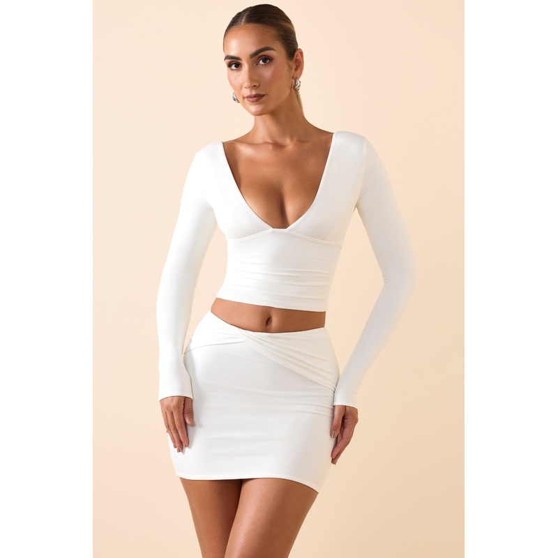 Modal Plunge Long-Sleeve Top in White