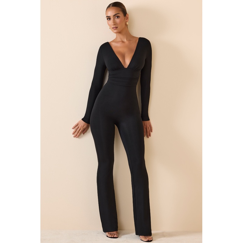 Modal Ruched Plunge Flared Jumpsuit in Black