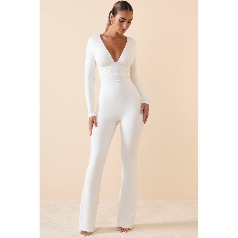 Modal Ruched Plunge Flared Jumpsuit in White