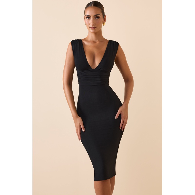 Modal Ruched Plunge Midi Dress in Black