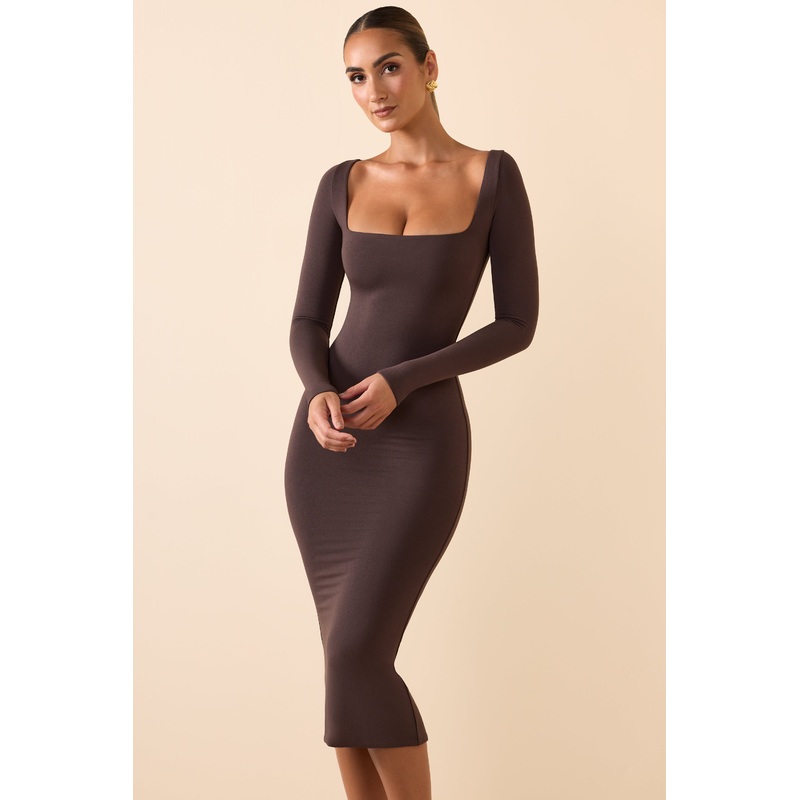 Modal Scoop-Neck Midaxi Dress in Chocolate Brown