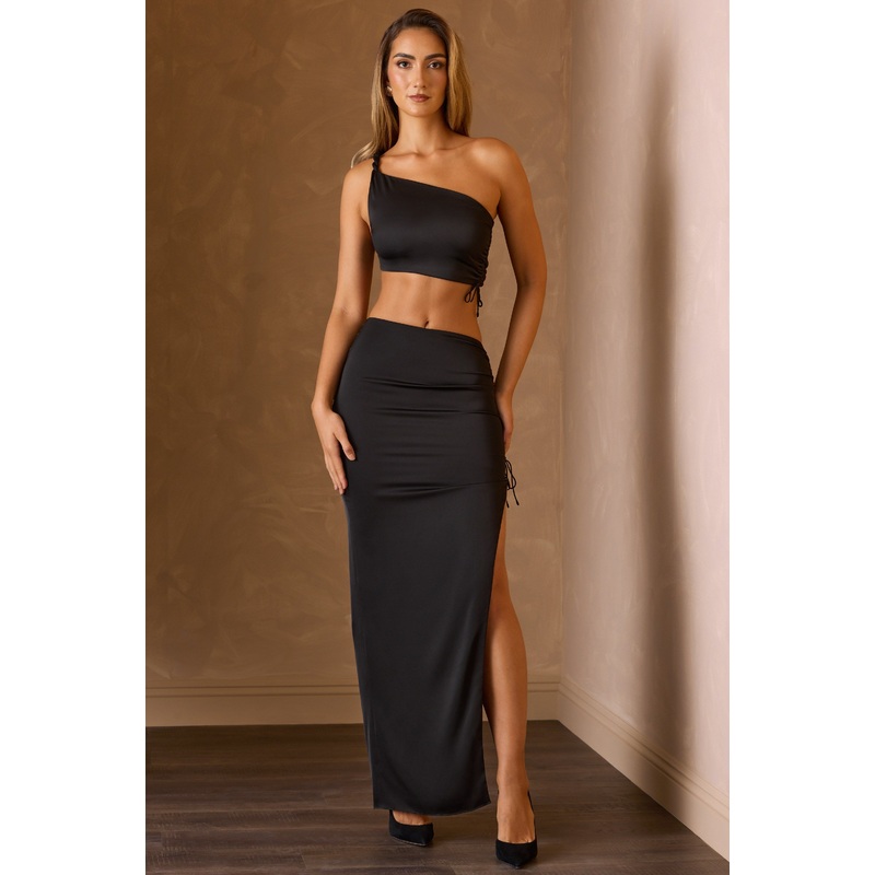 Ruched Asymmetric-Waist Maxi Skirt in Black
