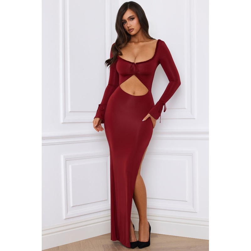 Ruffle-Trim Cut-Out Maxi Dress in Berry Red