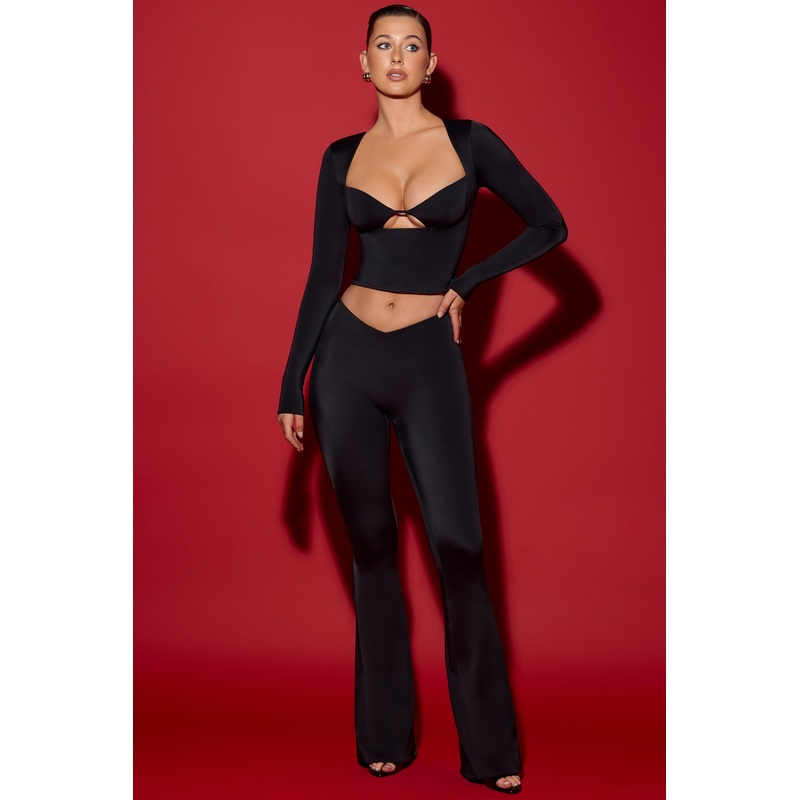 V-Front Mid-Rise Flared Trousers in Black