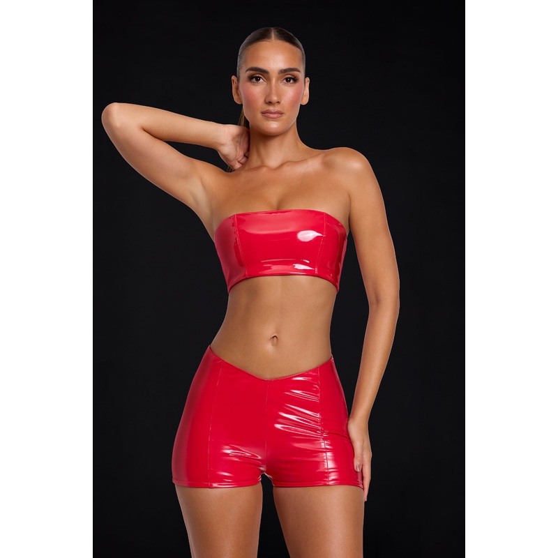 Vinyl Angled Waist Mini Shorts in Fire Red