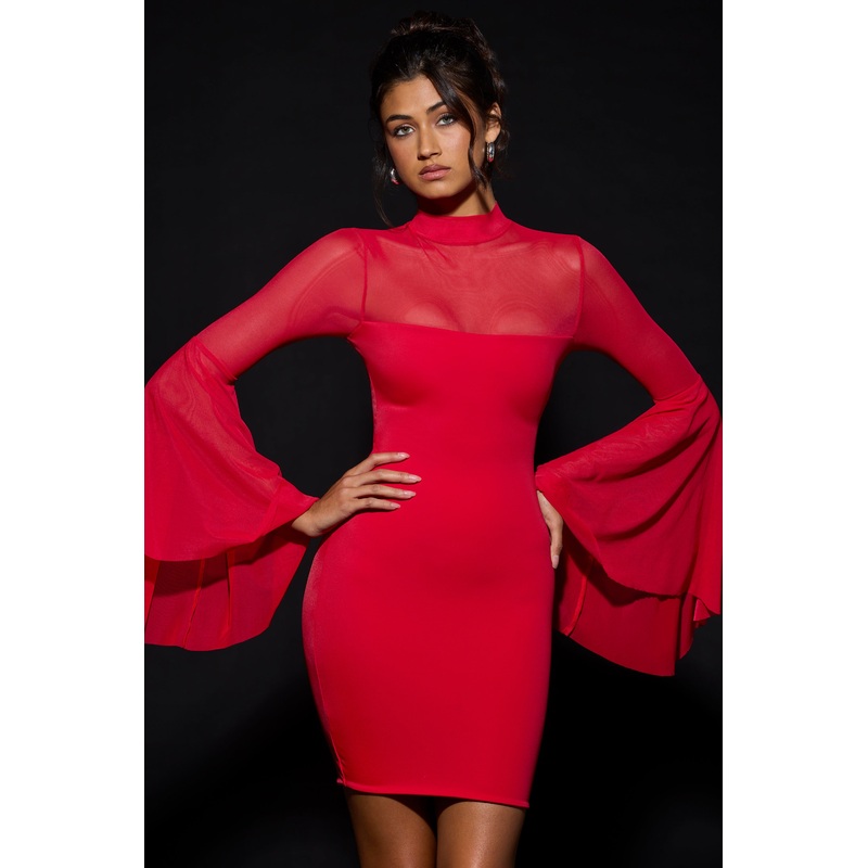 Waterfall-Sleeve Mini Dress in Fire Red