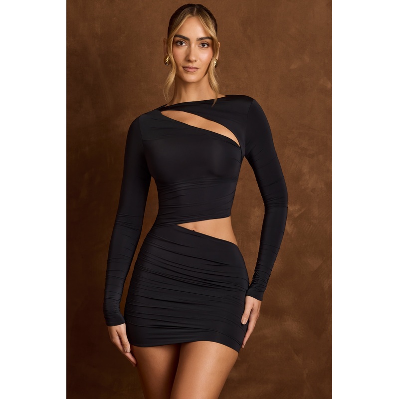 Asymmetric Cut-Out Draped Mini Dress in Black