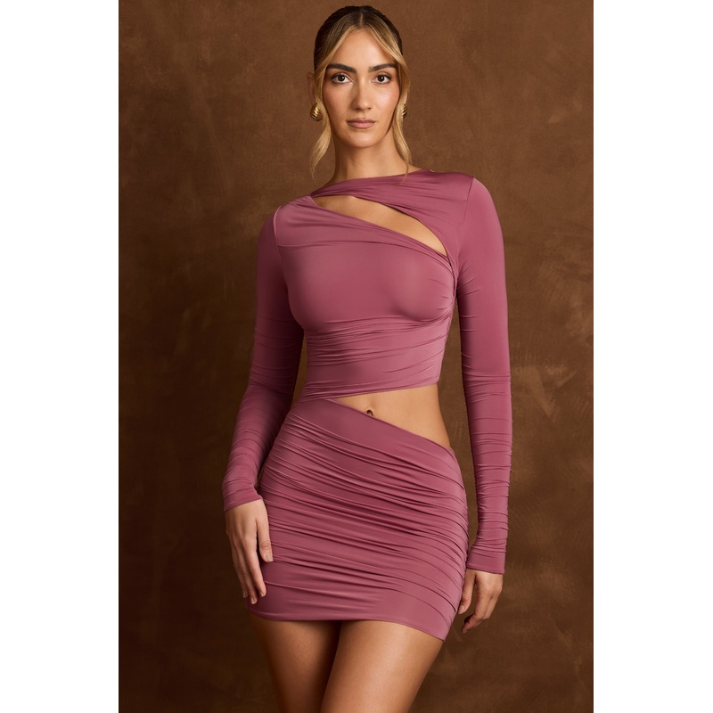 Asymmetric Cut-Out Draped Mini Dress in Dark Rose