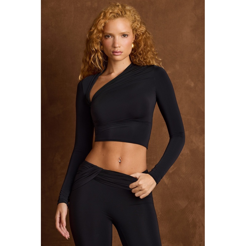 Asymmetric Draped Long-Sleeve Top in Black