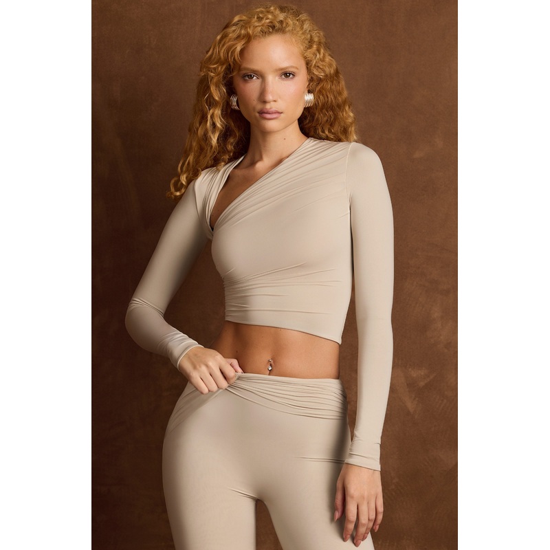 Asymmetric Draped Long-Sleeve Top in Light Grey