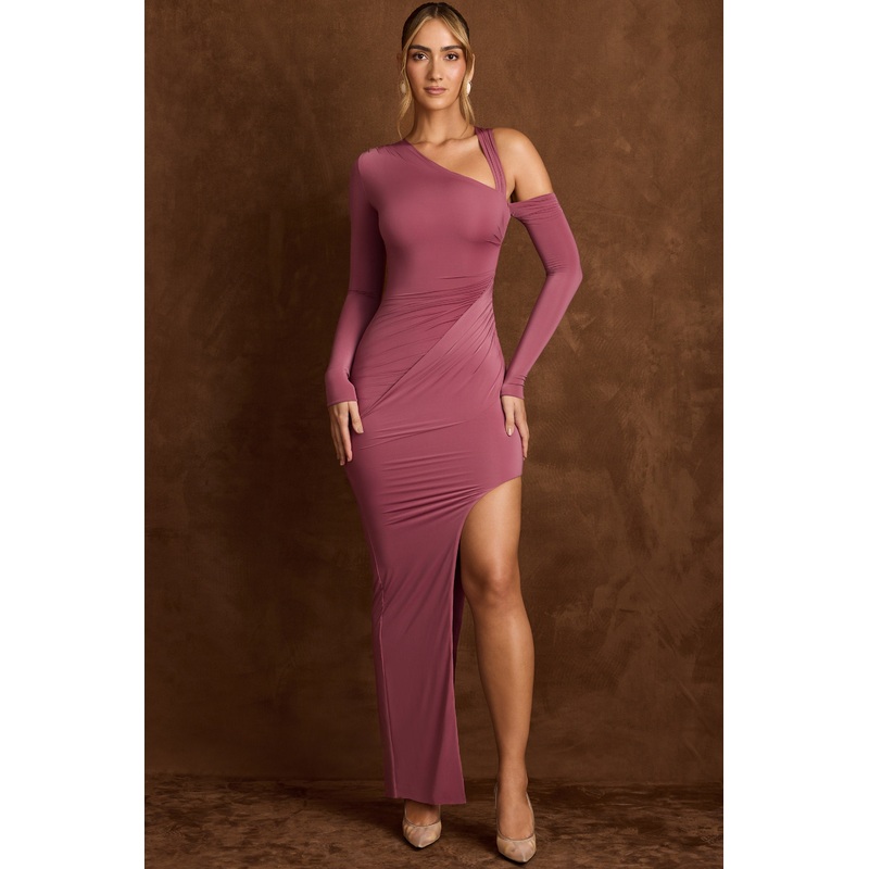 Asymmetric Draped Maxi Dress in Dark Rose