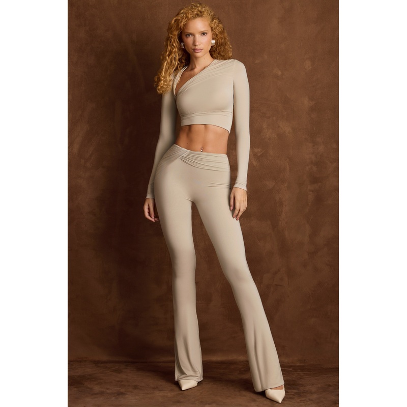 Asymmetric Draped Mid-Rise Flared Trousers in Light Grey