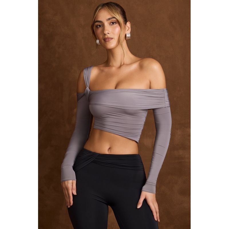 Asymmetric Off-Shoulder Draped Top in Steel Grey